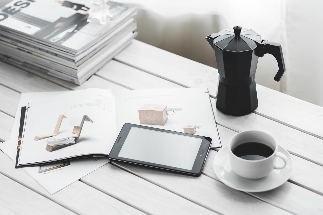 technology, tablet, digital tablet, computer, device, desk, coffee, cup, magazines, coffee cup, leisure on The Tech Shelf
