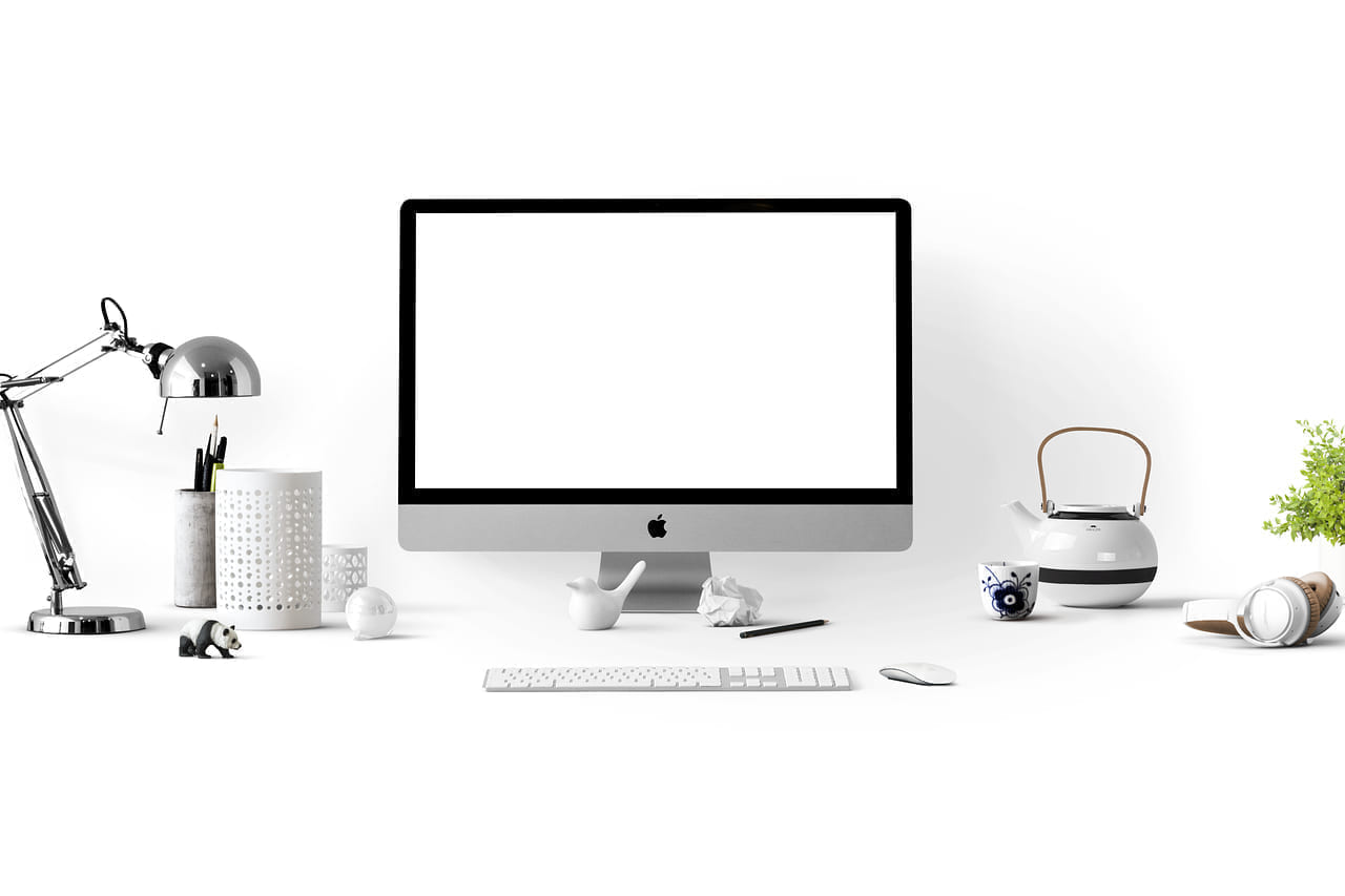 apple, computer, desk, workspace, work place, white, imac, desktop, apple devices, mockup, office, home office, lamp, monitor, screen, technology, modern, tidy, computer, computer, computer, computer, computer, office, technology on The Tech Shelf